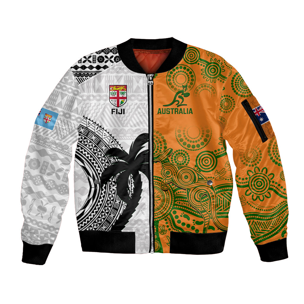 Custom Fiji And Australia Rugby Sleeve Zip Bomber Jacket 2023 World Cup Aboriginal Mix Tapa Pattern LT14 Unisex Gold - Polynesian Pride