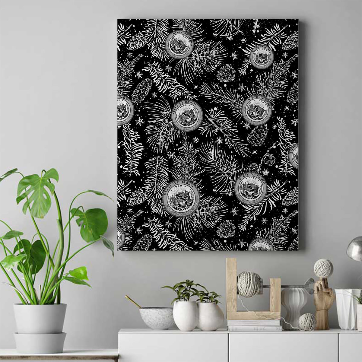 Hawaii Christmas Canvas Wall Art Tropical Style With Coat Of Arms LT14 Black - Polynesian Pride