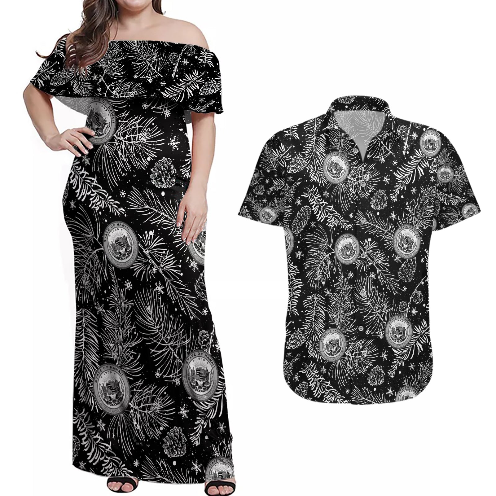 Hawaii Christmas Couples Matching Off Shoulder Maxi Dress and Hawaiian Shirt Tropical Style With Coat Of Arms LT14 Black - Polynesian Pride