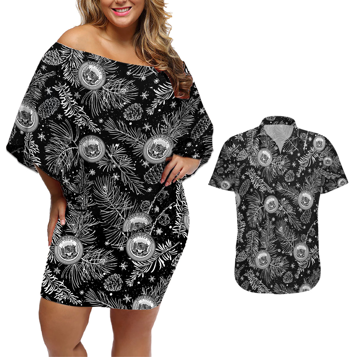 Hawaii Christmas Couples Matching Off Shoulder Short Dress and Hawaiian Shirt Tropical Style With Coat Of Arms LT14 Black - Polynesian Pride