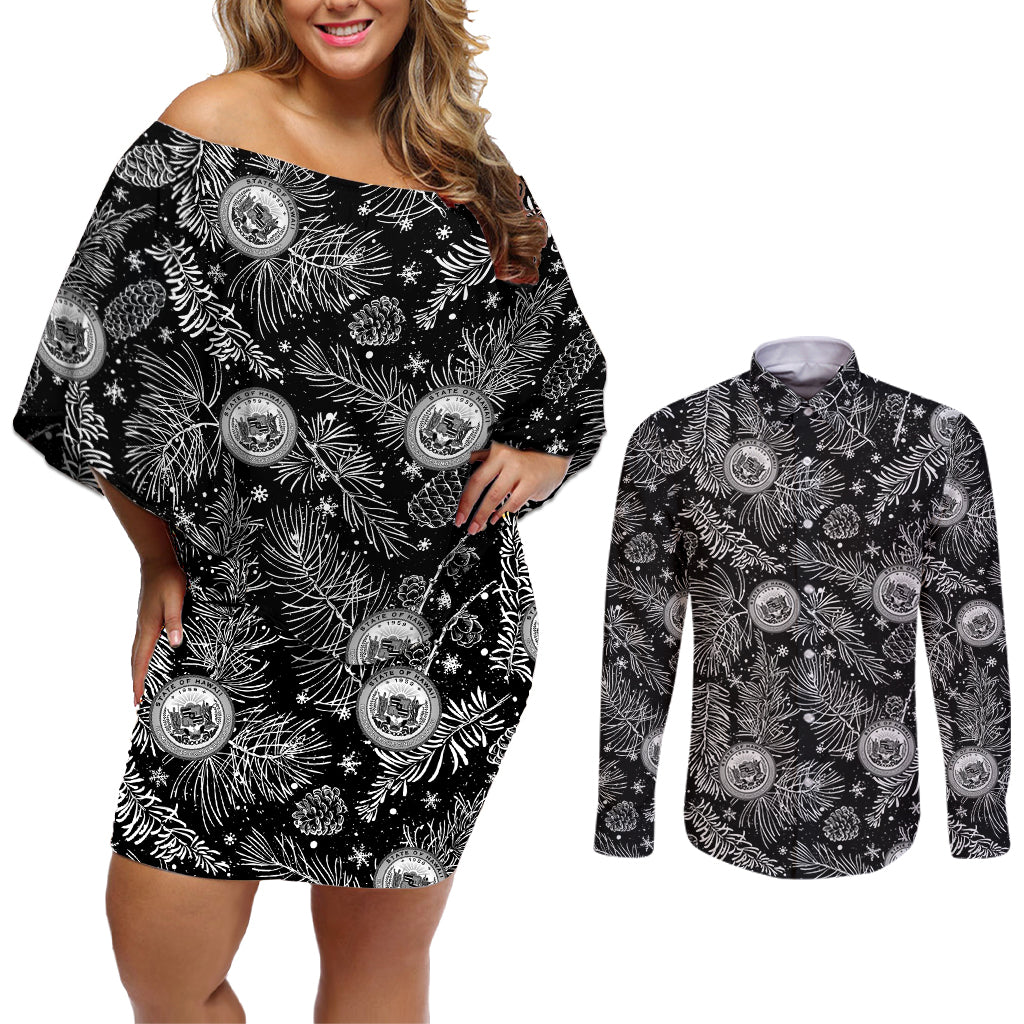 Hawaii Christmas Couples Matching Off Shoulder Short Dress and Long Sleeve Button Shirt Tropical Style With Coat Of Arms LT14 Black - Polynesian Pride