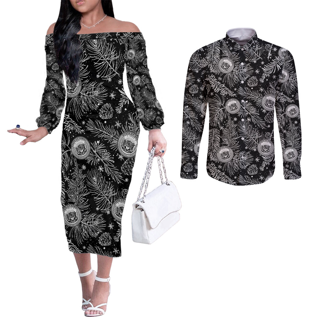 Hawaii Christmas Couples Matching Off The Shoulder Long Sleeve Dress and Long Sleeve Button Shirt Tropical Style With Coat Of Arms LT14 Black - Polynesian Pride