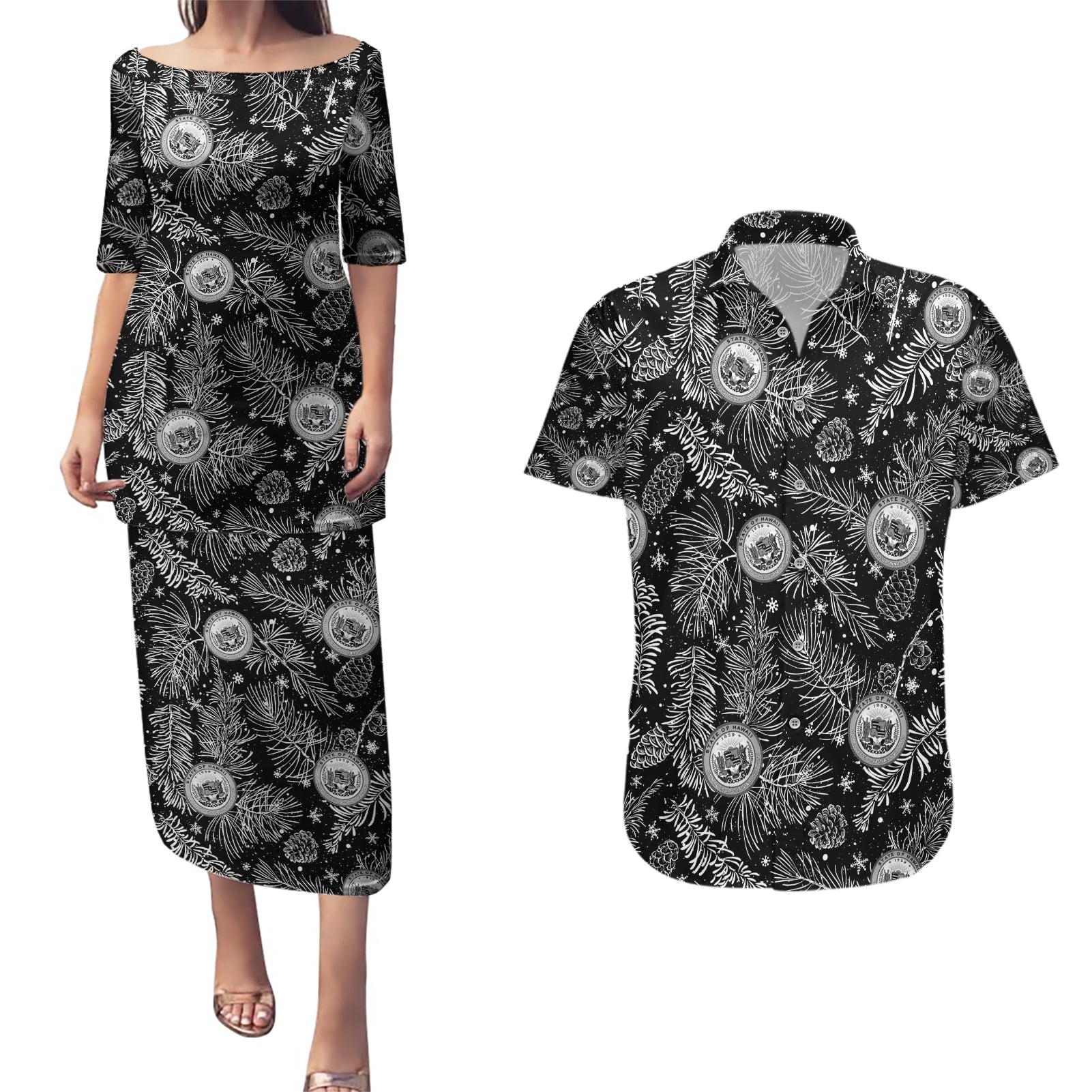 Hawaii Christmas Couples Matching Puletasi Dress and Hawaiian Shirt Tropical Style With Coat Of Arms LT14 Black - Polynesian Pride