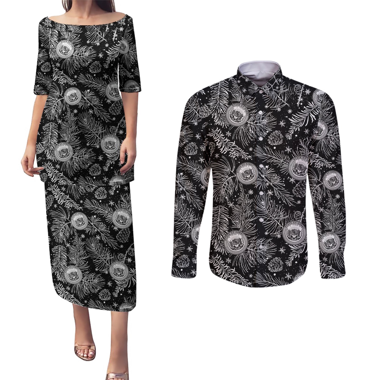 Hawaii Christmas Couples Matching Puletasi Dress and Long Sleeve Button Shirt Tropical Style With Coat Of Arms LT14 Black - Polynesian Pride