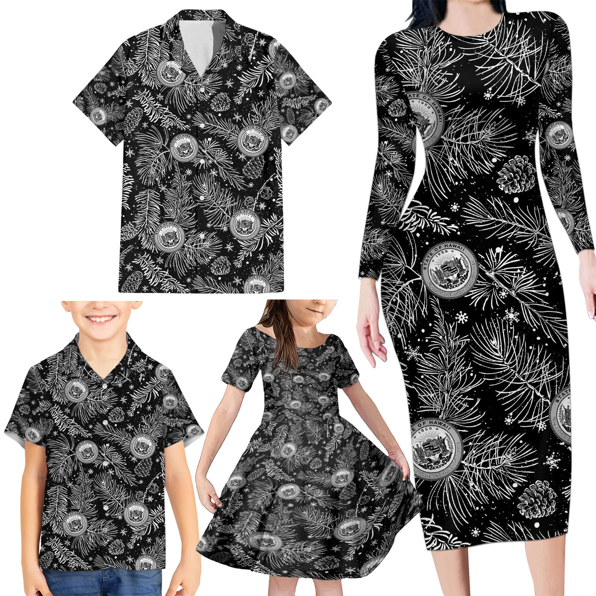 Hawaii Christmas Family Matching Long Sleeve Bodycon Dress and Hawaiian Shirt Tropical Style With Coat Of Arms LT14 - Polynesian Pride