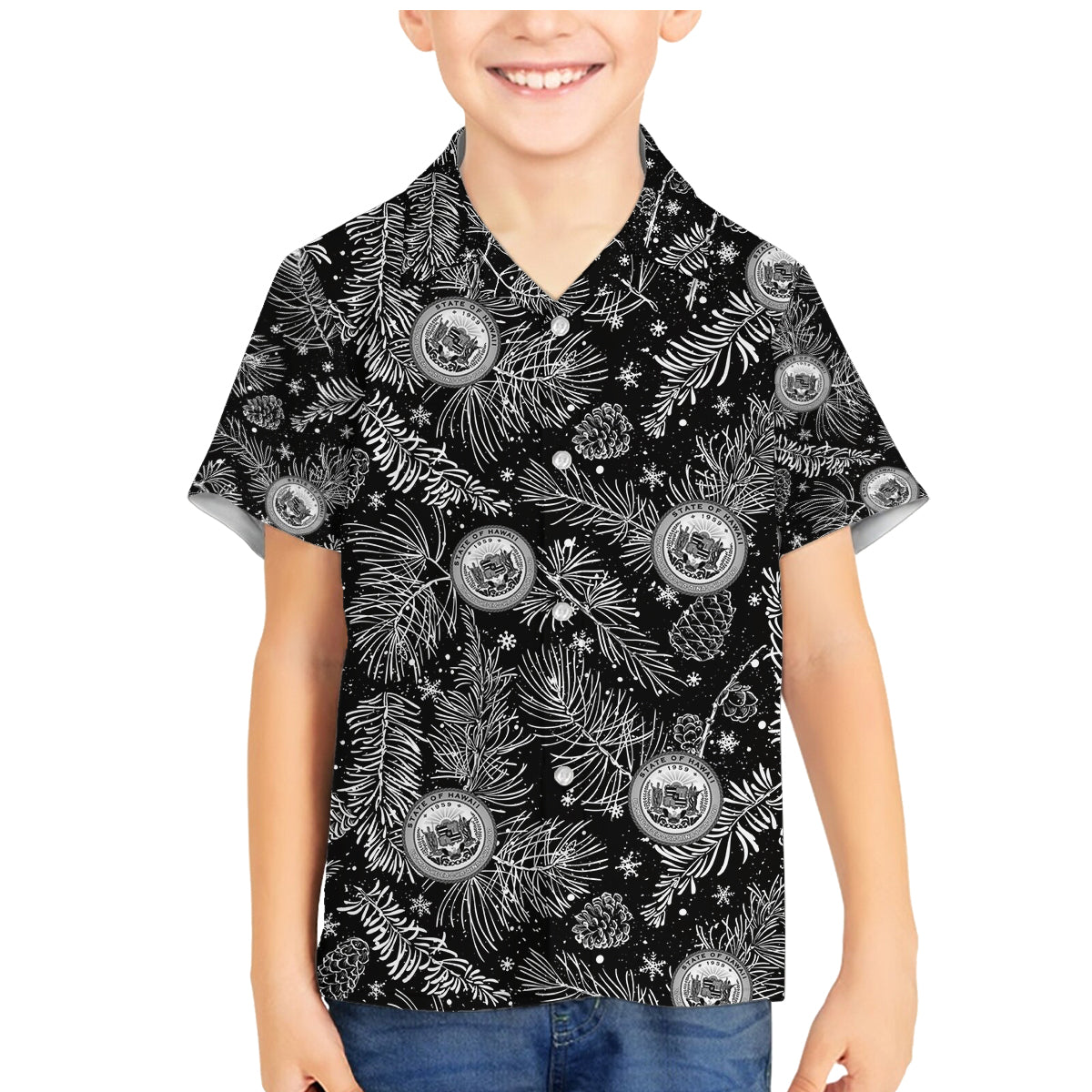 Hawaii Christmas Family Matching Mermaid Dress and Hawaiian Shirt Tropical Style With Coat Of Arms LT14 Son's Shirt Black - Polynesian Pride
