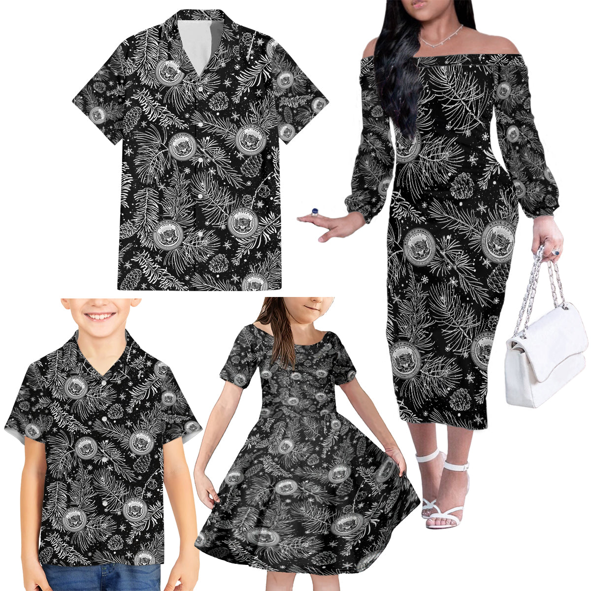 Hawaii Christmas Family Matching Off Shoulder Long Sleeve Dress and Hawaiian Shirt Tropical Style With Coat Of Arms LT14 - Polynesian Pride