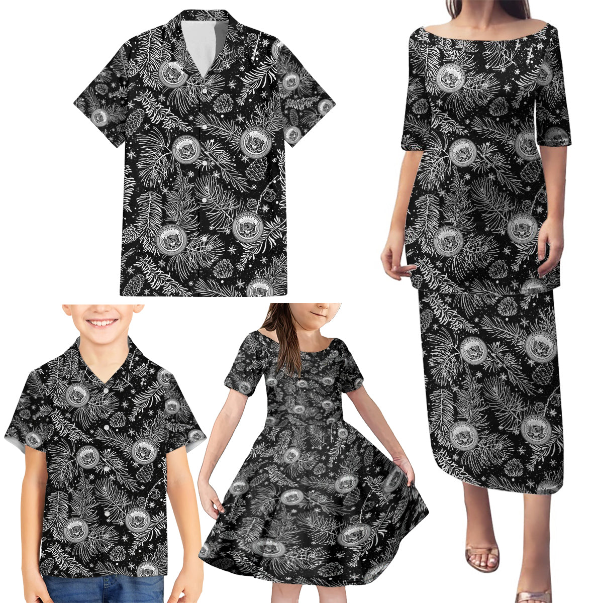 Hawaii Christmas Family Matching Puletasi Dress and Hawaiian Shirt Tropical Style With Coat Of Arms LT14 - Polynesian Pride