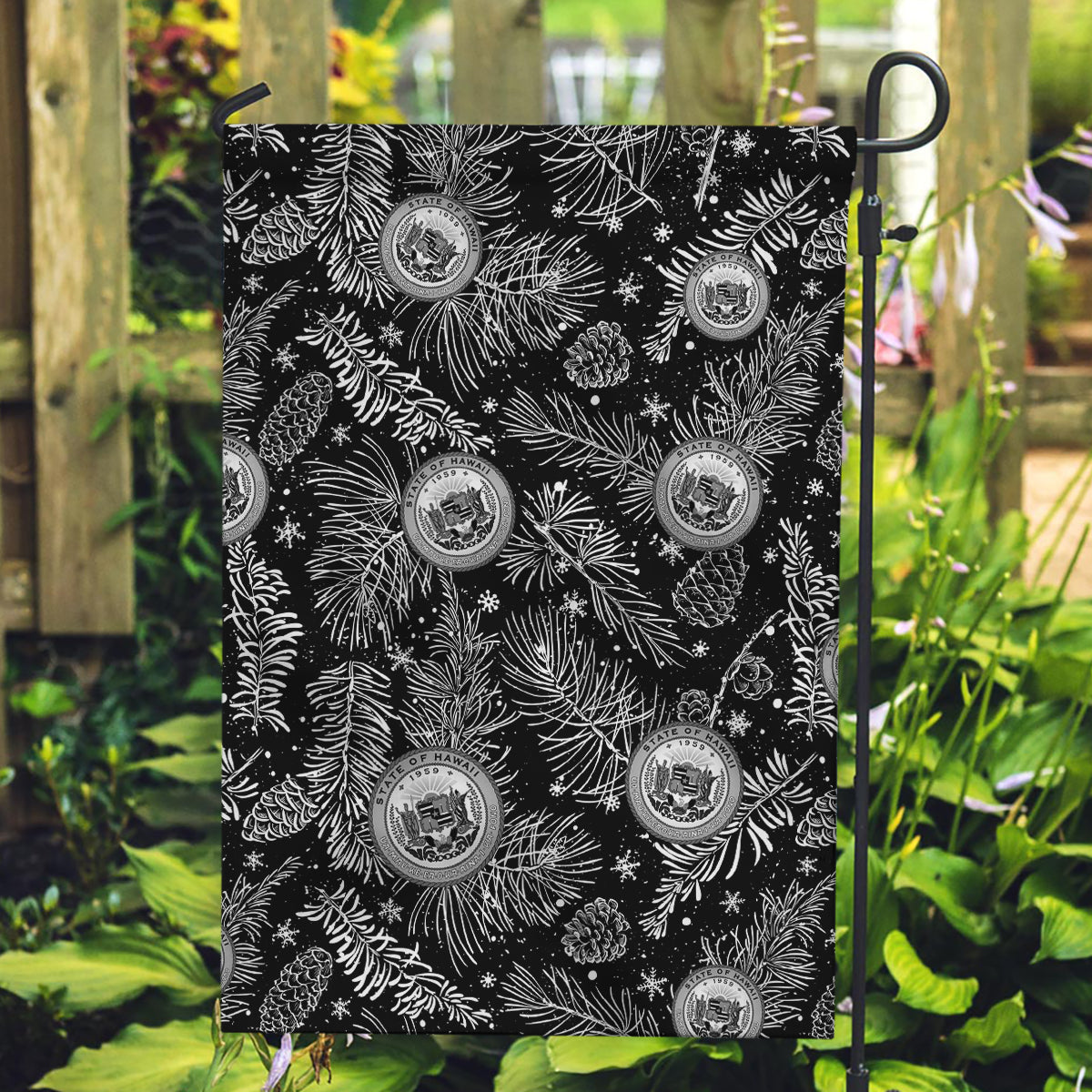 Hawaii Christmas Garden Flag Tropical Style With Coat Of Arms LT14 Garden Flag Black - Polynesian Pride