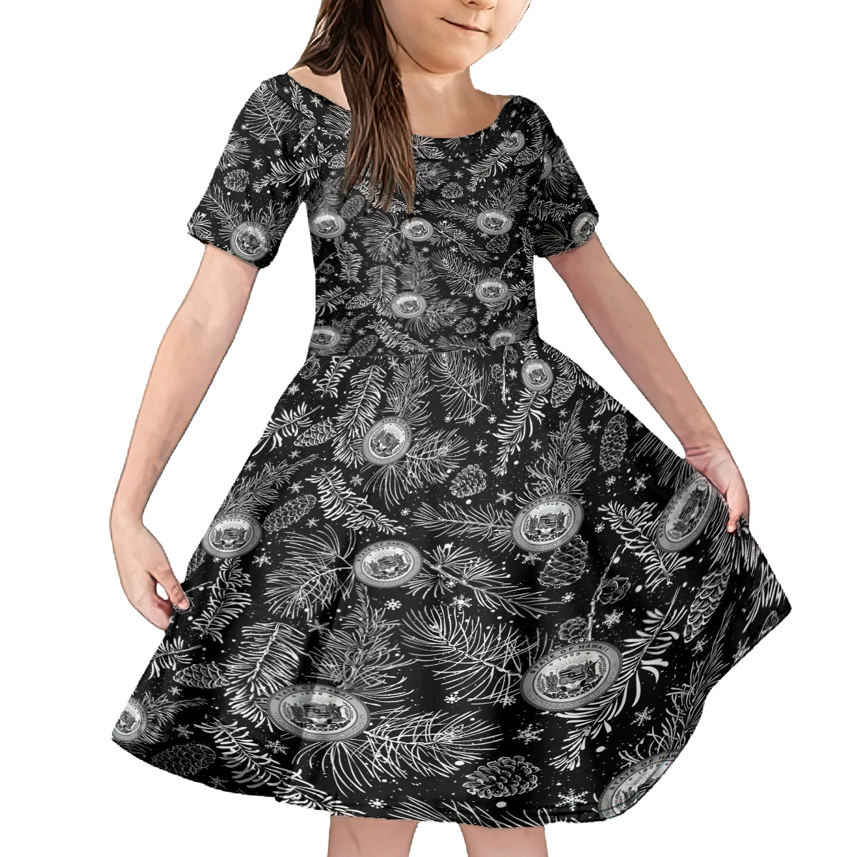 Hawaii Christmas Kid Short Sleeve Dress Tropical Style With Coat Of Arms LT14 KID Black - Polynesian Pride