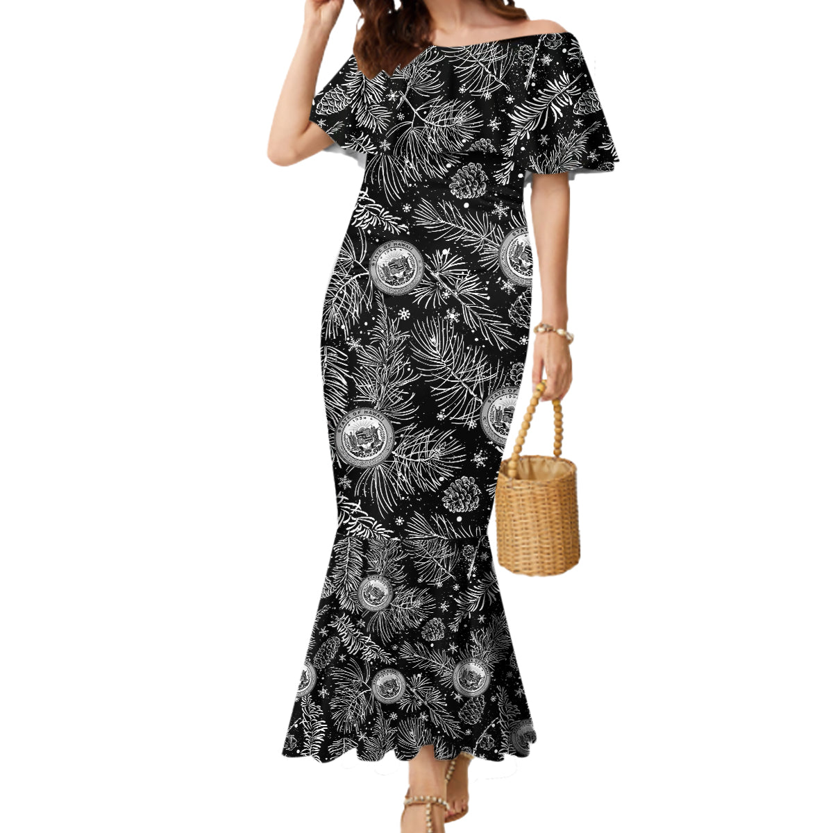 Hawaii Christmas Mermaid Dress Tropical Style With Coat Of Arms LT14 Women Black - Polynesian Pride