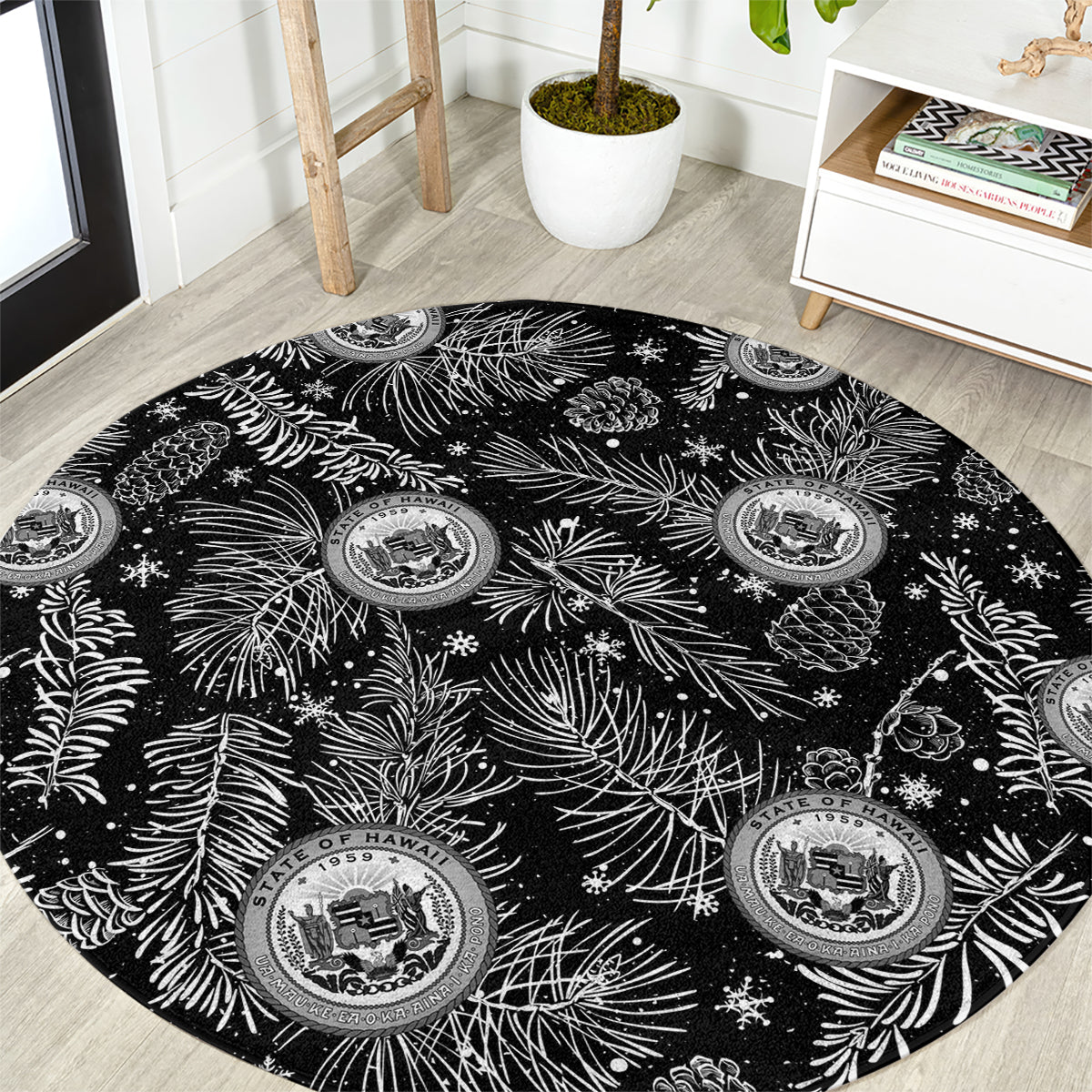 Hawaii Christmas Round Carpet Tropical Style With Coat Of Arms LT14 Black - Polynesian Pride