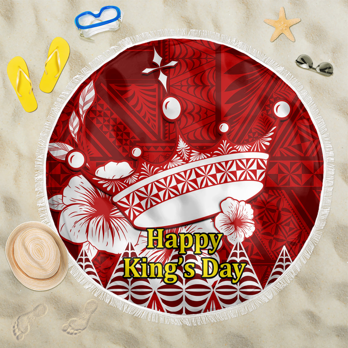 Tonga King Tupou I Day Beach Blanket Tongan Ngatu Pattern With Crown LT14 One Size 150cm Red - Wonder Print Shop