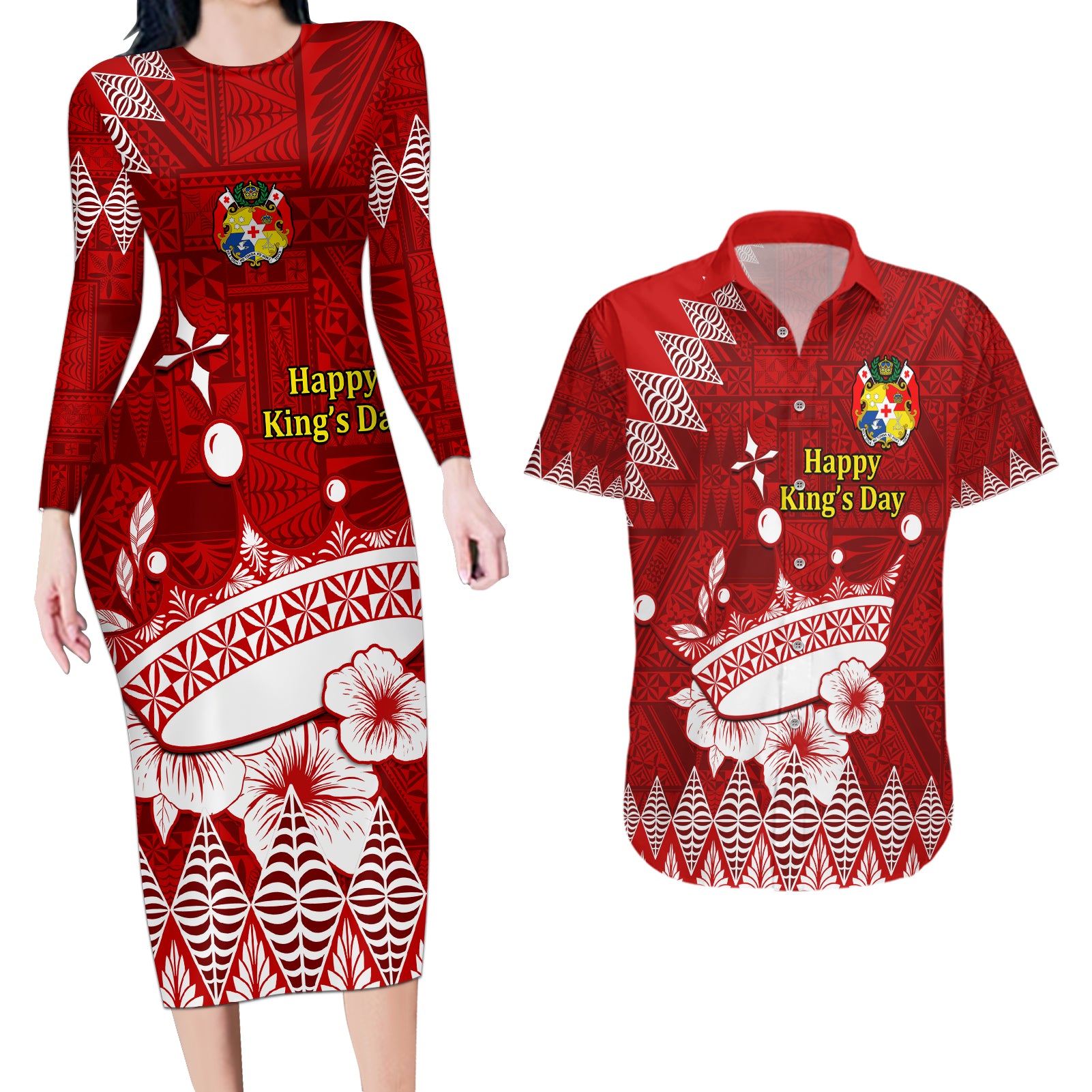 Personalised Tonga King Tupou I Day Couples Matching Long Sleeve Bodycon Dress and Hawaiian Shirt Tongan Ngatu Pattern With Crown LT14 Red - Polynesian Pride