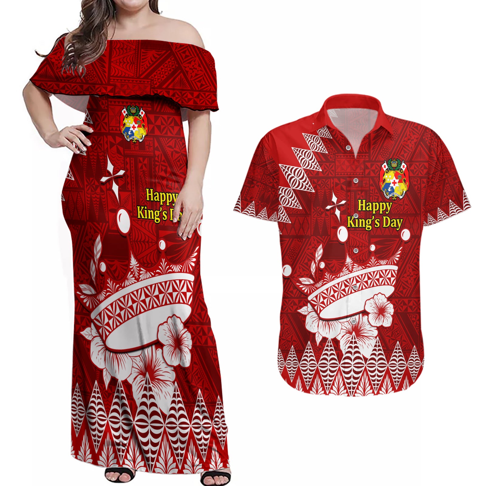 Personalised Tonga King Tupou I Day Couples Matching Off Shoulder Maxi Dress and Hawaiian Shirt Tongan Ngatu Pattern With Crown LT14 Red - Polynesian Pride