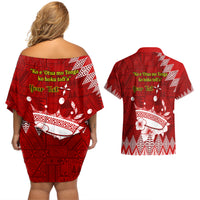 Personalised Tonga King Tupou I Day Couples Matching Off Shoulder Short Dress and Hawaiian Shirt Tongan Ngatu Pattern With Crown LT14 - Polynesian Pride