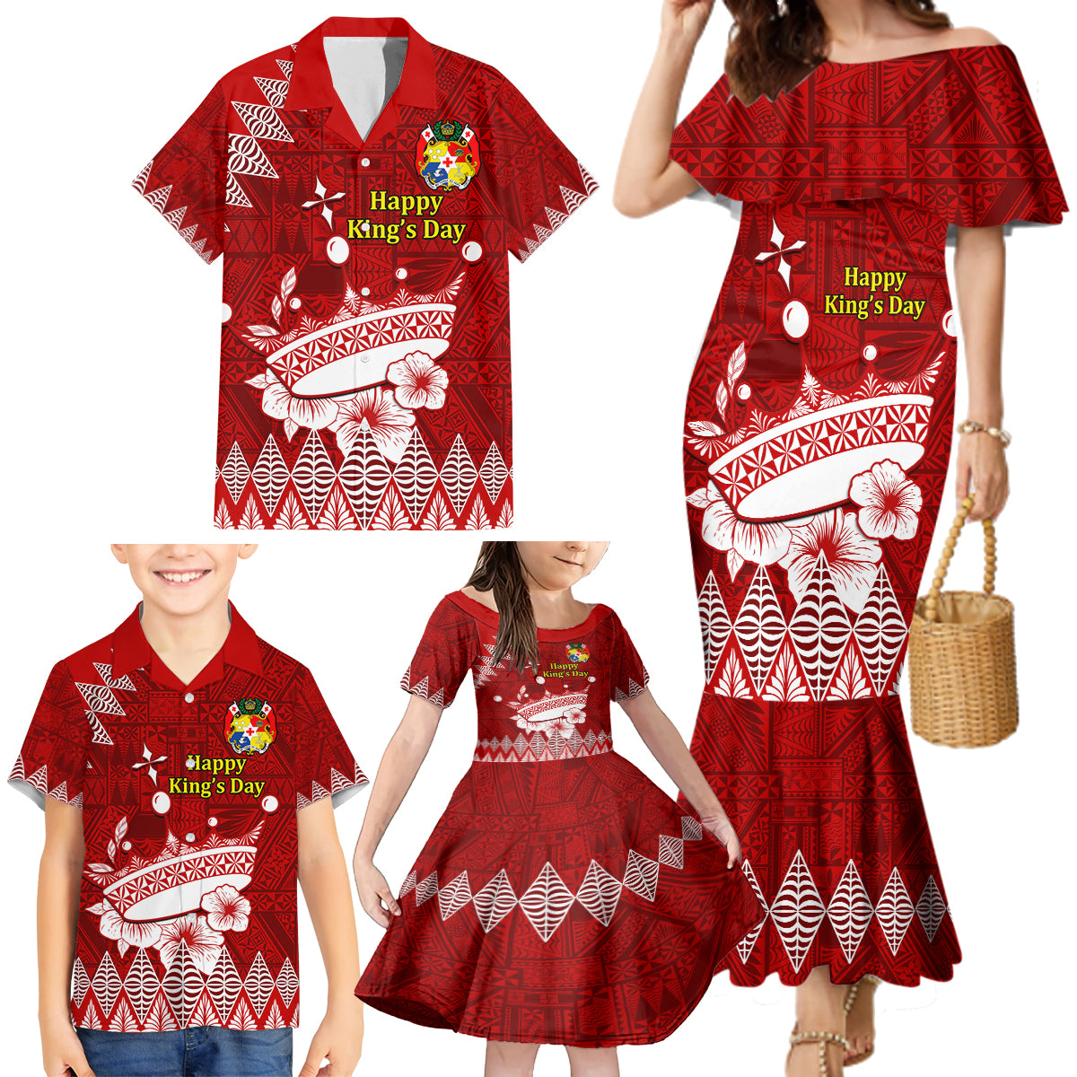 Personalised Tonga King Tupou I Day Family Matching Mermaid Dress and Hawaiian Shirt Tongan Ngatu Pattern With Crown LT14 - Polynesian Pride