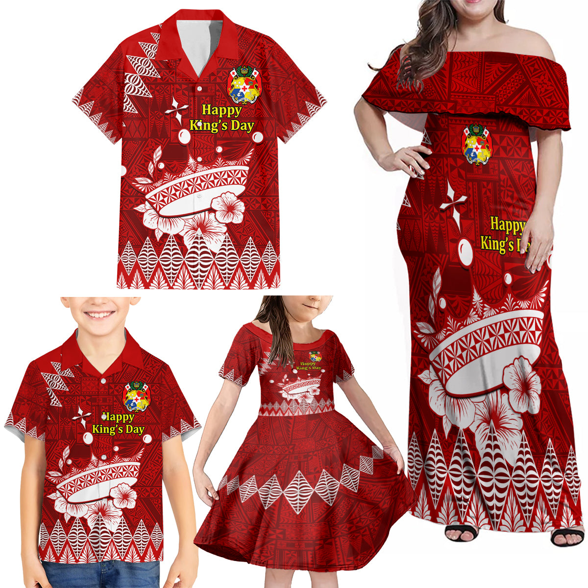 Personalised Tonga King Tupou I Day Family Matching Off Shoulder Maxi Dress and Hawaiian Shirt Tongan Ngatu Pattern With Crown LT14 - Polynesian Pride