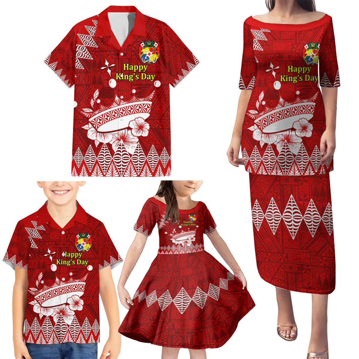 Personalised Tonga King Tupou I Day Family Matching Puletasi Dress and Hawaiian Shirt Tongan Ngatu Pattern With Crown LT14 - Polynesian Pride