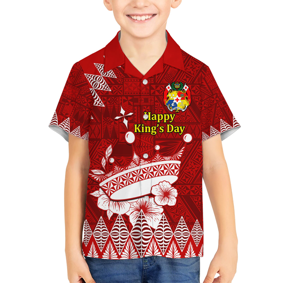 Personalised Tonga King Tupou I Day Family Matching Puletasi Dress and Hawaiian Shirt Tongan Ngatu Pattern With Crown LT14 Son's Shirt Red - Polynesian Pride