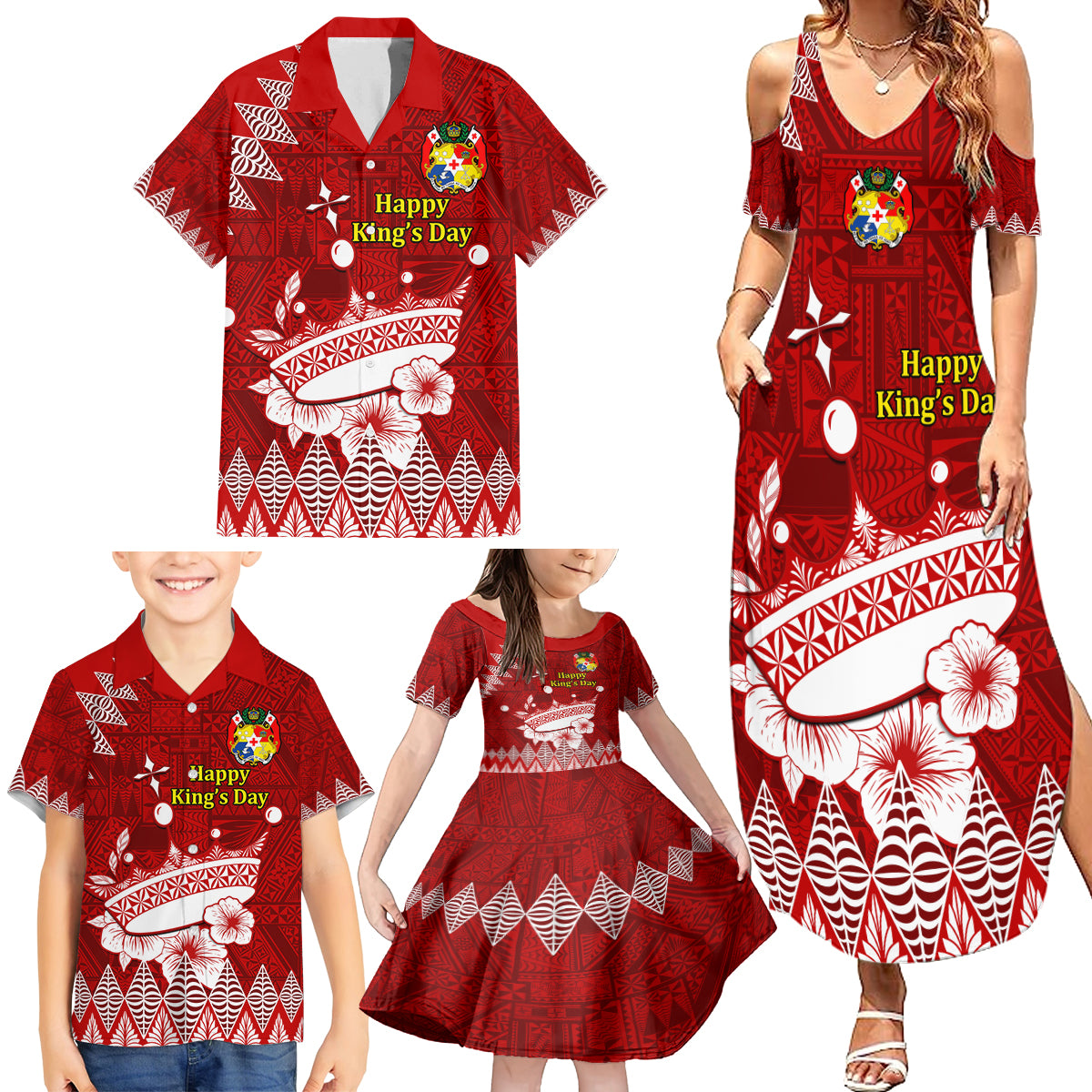 Personalised Tonga King Tupou I Day Family Matching Summer Maxi Dress and Hawaiian Shirt Tongan Ngatu Pattern With Crown LT14 - Polynesian Pride