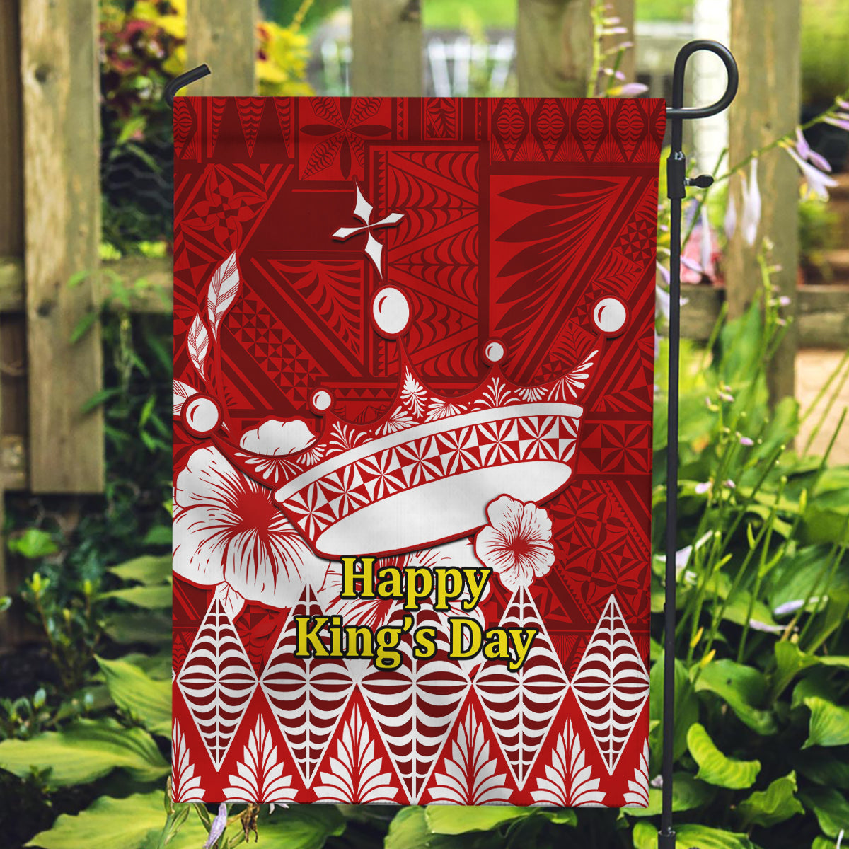 Tonga King Tupou I Day Garden Flag Tongan Ngatu Pattern With Crown LT14 Garden Flag Red - Polynesian Pride