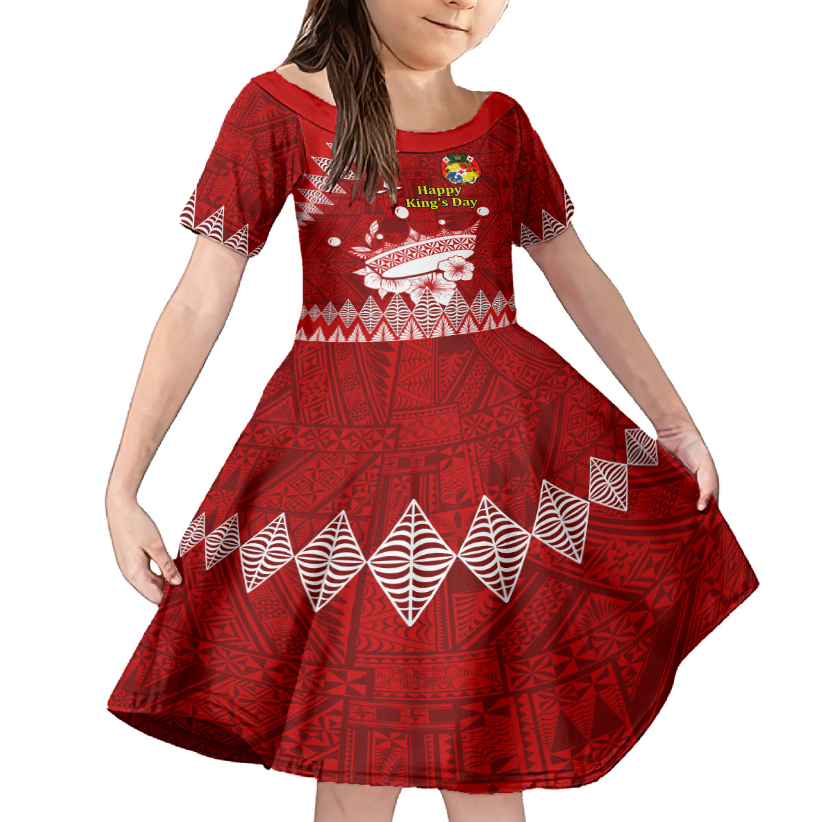 Personalised Tonga King Tupou I Day Kid Short Sleeve Dress Tongan Ngatu Pattern With Crown LT14 KID Red - Polynesian Pride