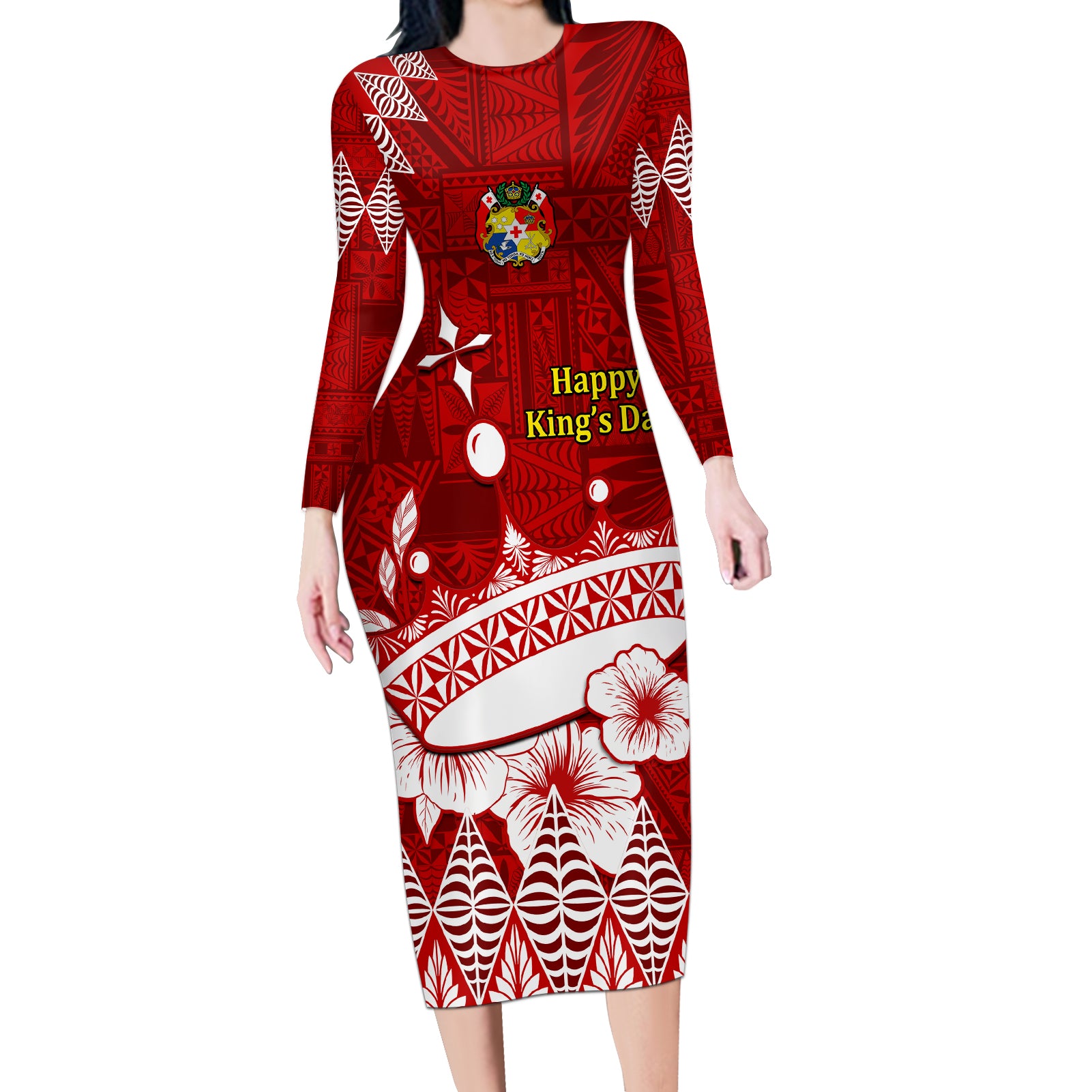 Personalised Tonga King Tupou I Day Long Sleeve Bodycon Dress Tongan Ngatu Pattern With Crown LT14 Long Dress Red - Polynesian Pride