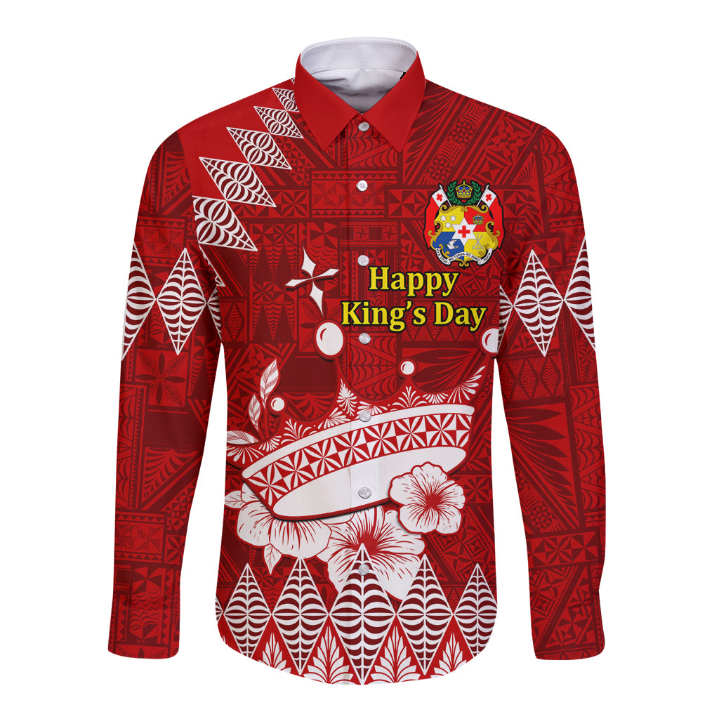 Personalised Tonga King Tupou I Day Long Sleeve Button Shirt Tongan Ngatu Pattern With Crown LT14 Unisex Red - Polynesian Pride