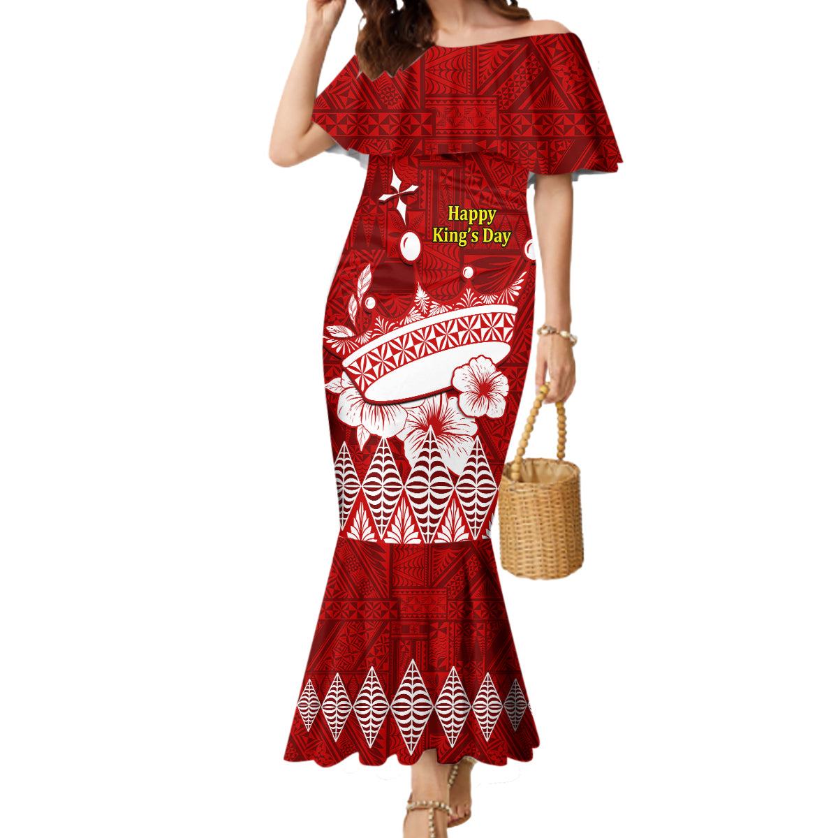 Personalised Tonga King Tupou I Day Mermaid Dress Tongan Ngatu Pattern With Crown LT14 Women Red - Polynesian Pride