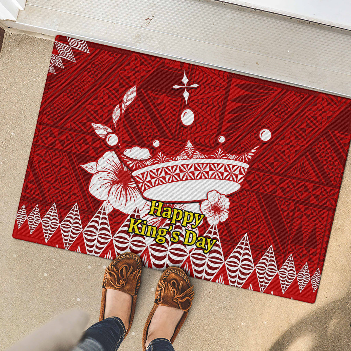 Tonga King Tupou I Day Rubber Doormat Tongan Ngatu Pattern With Crown LT14 - Polynesian Pride