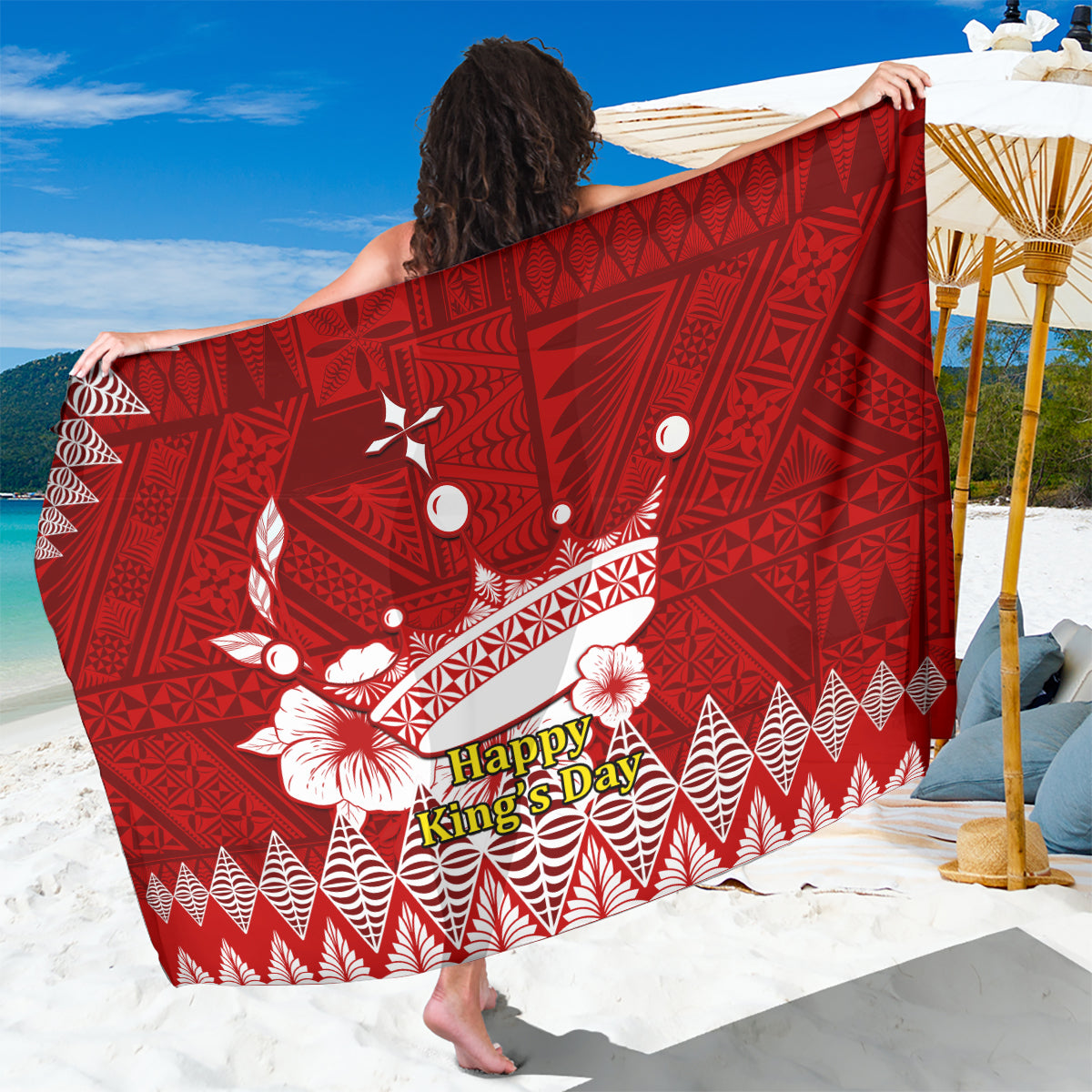 Tonga King Tupou I Day Sarong Tongan Ngatu Pattern With Crown LT14 One Size 44 x 66 inches Red - Polynesian Pride