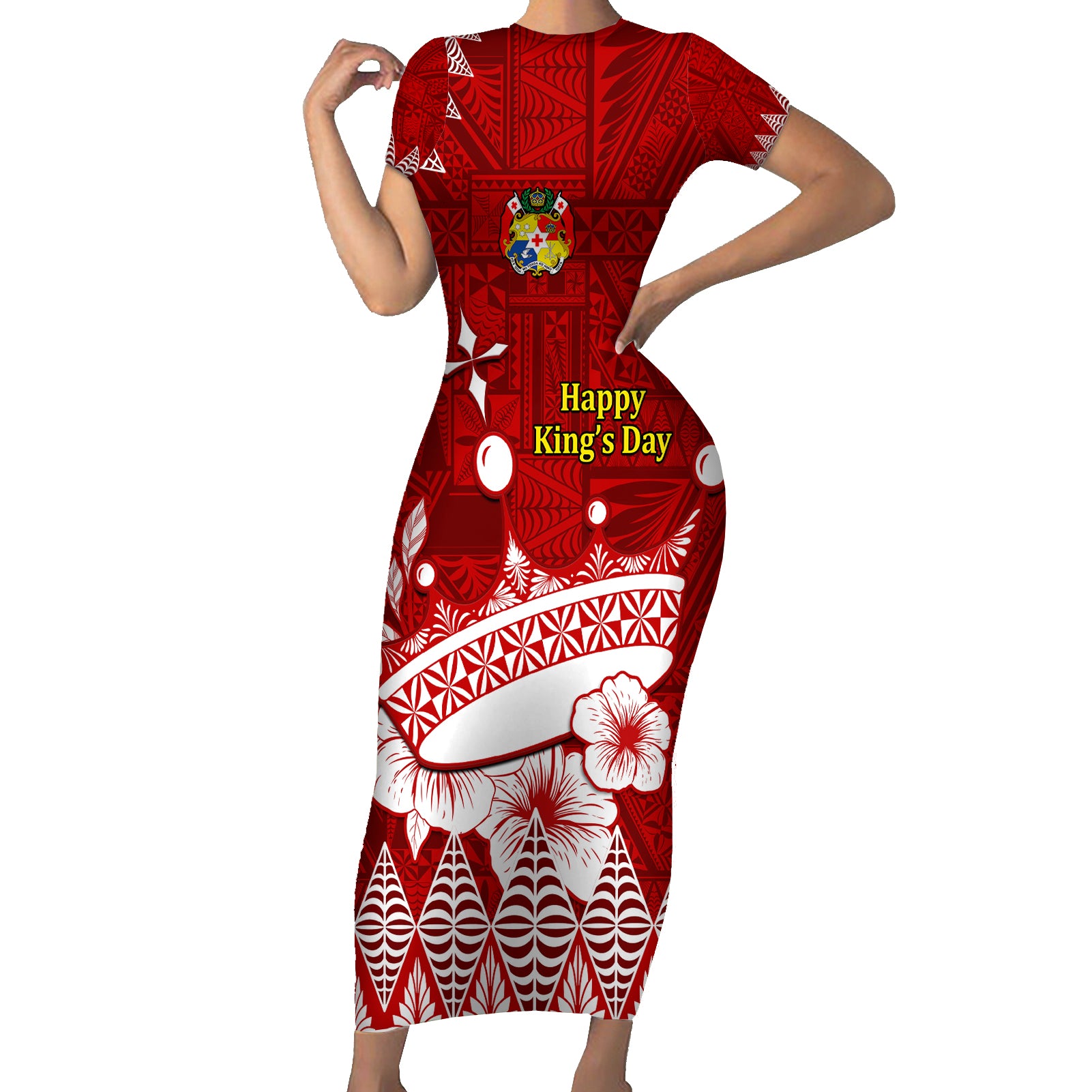 Personalised Tonga King Tupou I Day Short Sleeve Bodycon Dress Tongan Ngatu Pattern With Crown LT14 Long Dress Red - Polynesian Pride