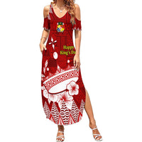 Personalised Tonga King Tupou I Day Summer Maxi Dress Tongan Ngatu Pattern With Crown LT14 Women Red - Polynesian Pride