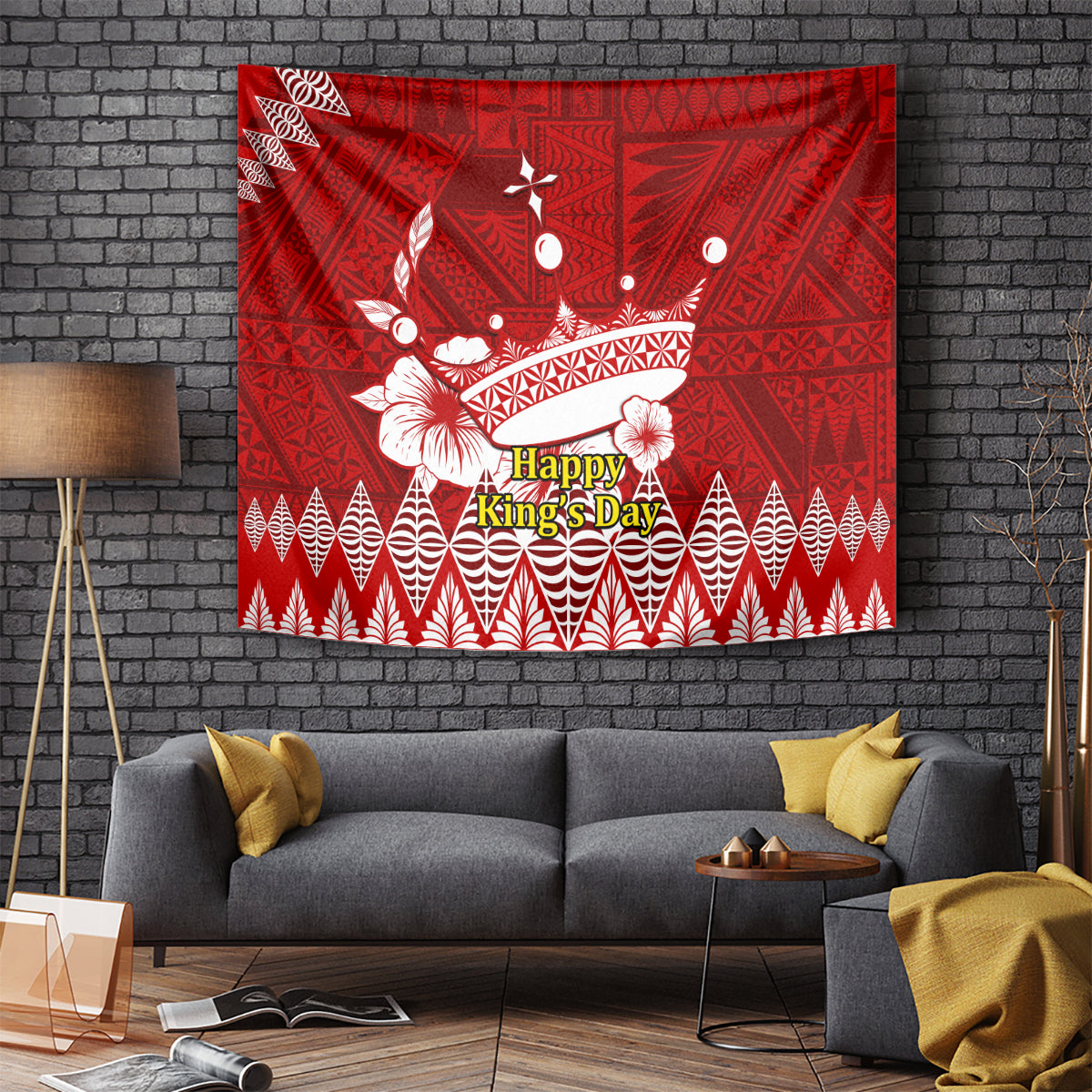 Tonga King Tupou I Day Tapestry Tongan Ngatu Pattern With Crown LT14 Red - Polynesian Pride