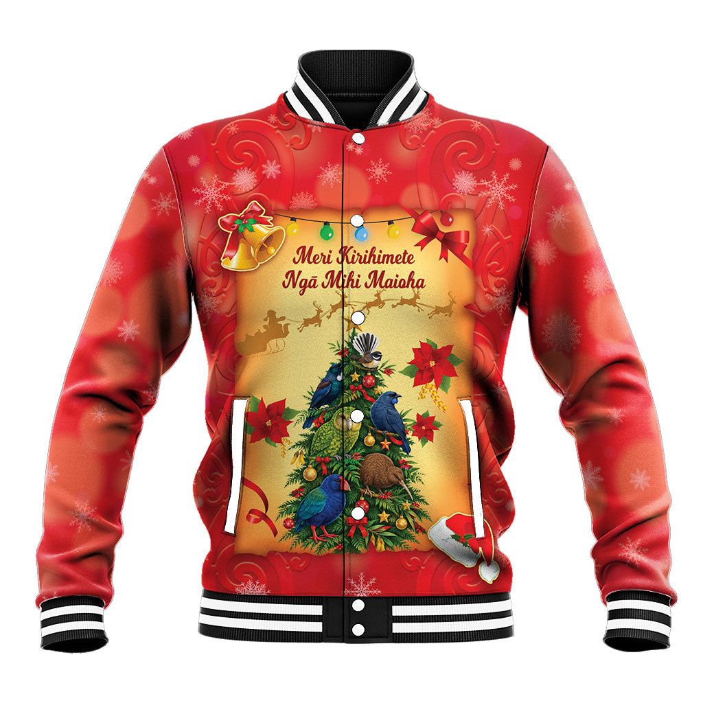 Personalised New Zealand Christmas Baseball Jacket Meri Kirihimete NZ Xmas Tree Animals