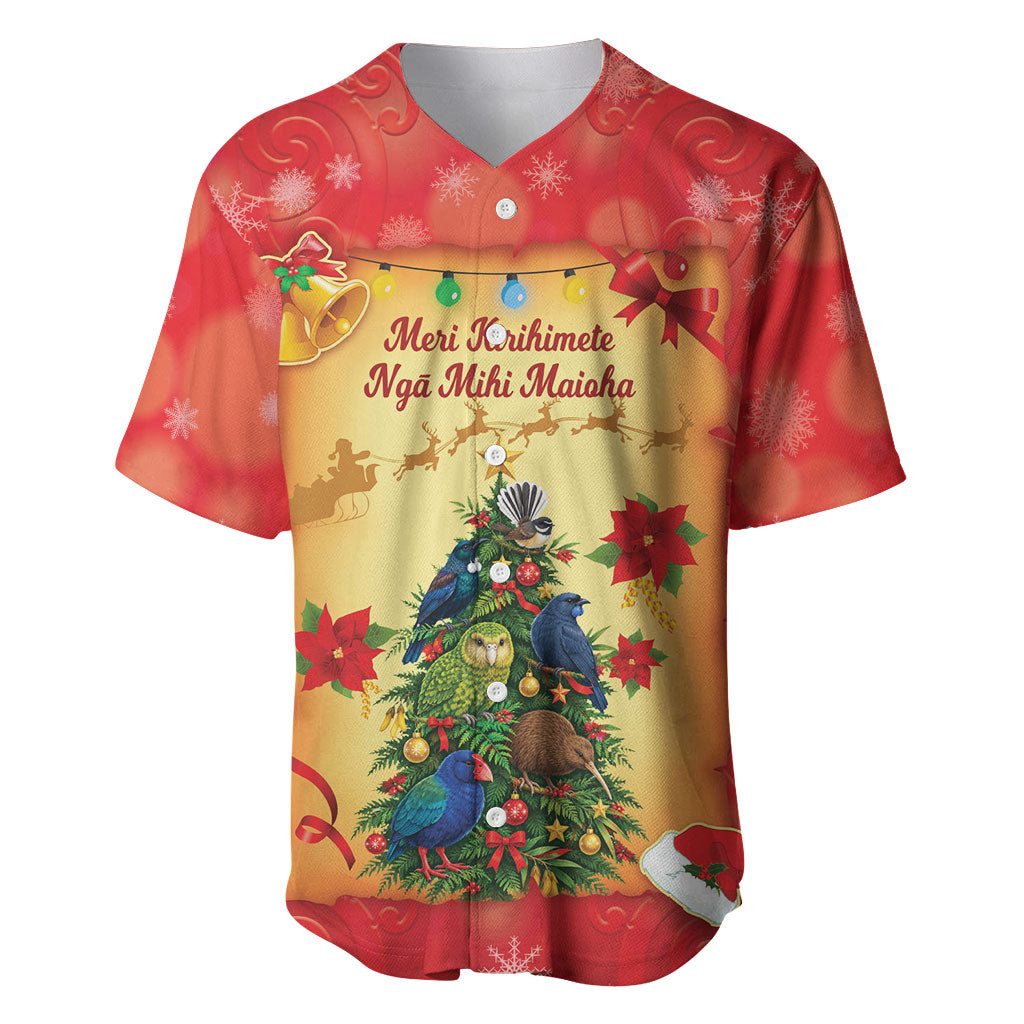 Personalised New Zealand Christmas Baseball Jersey Meri Kirihimete NZ Xmas Tree Animals LT14 Red - Polynesian Pride