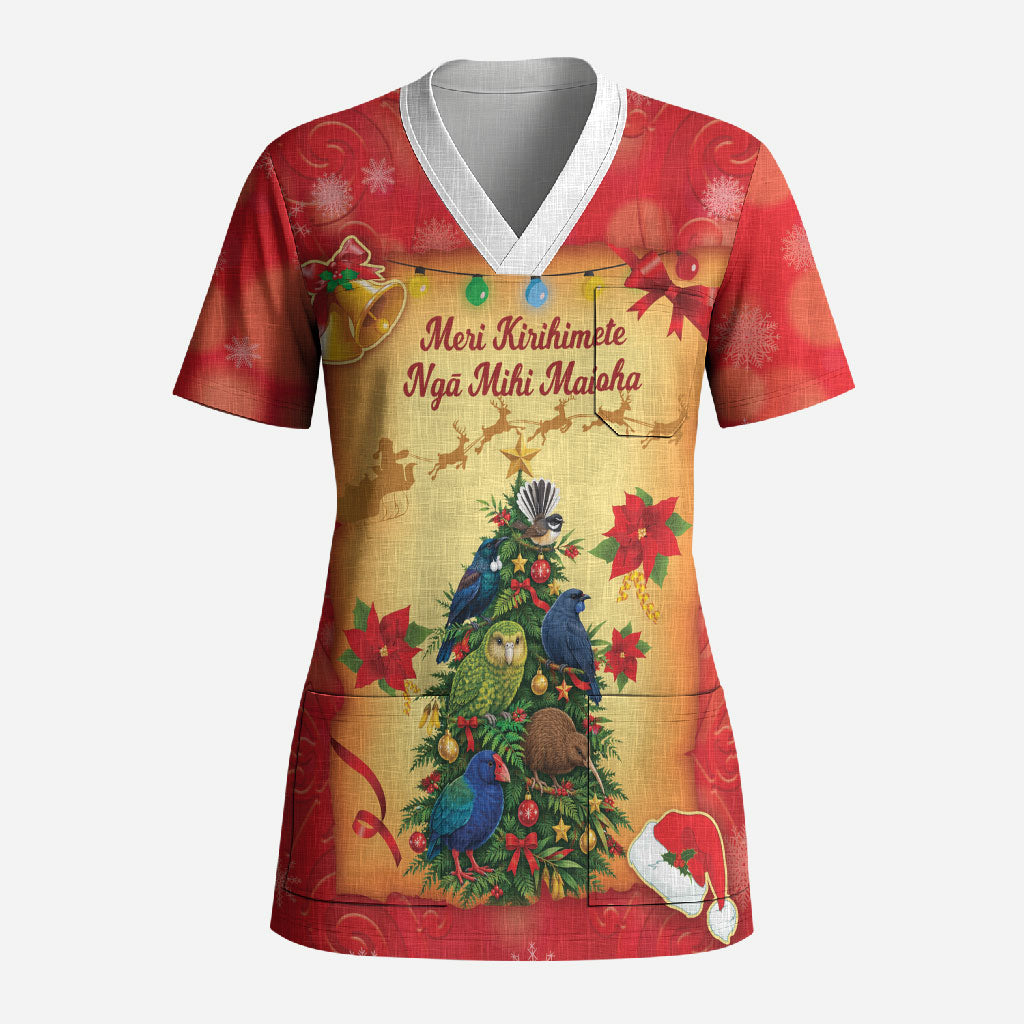 Personalised New Zealand Christmas Scrub Top Meri Kirihimete NZ Xmas Tree Animals