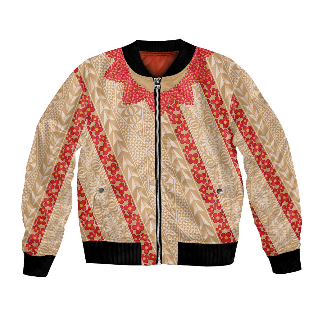 Malo e Lelei Tonga Bomber Jacket Heilala Lei Tongan Ngatu Pattern LT14 Unisex Beige - Polynesian Pride