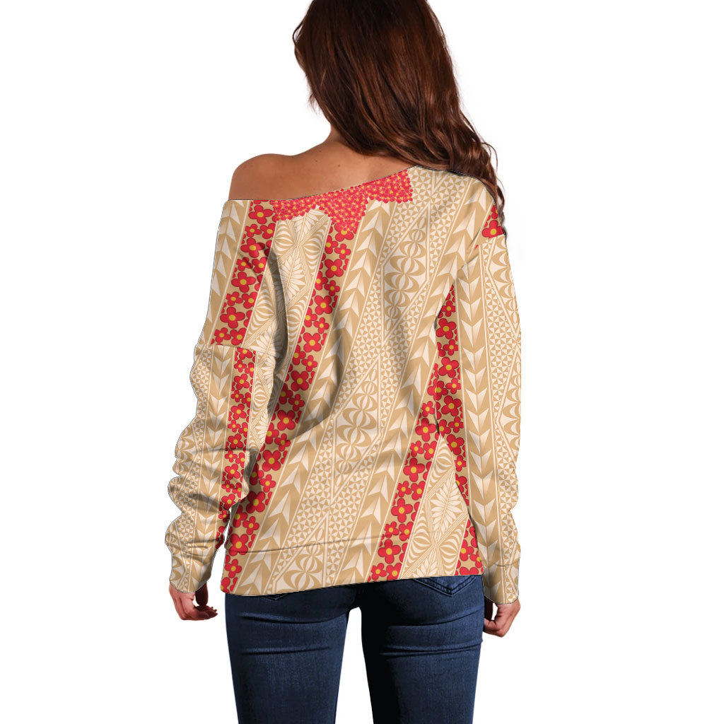 Malo e Lelei Tonga Off Shoulder Sweater Heilala Lei Tongan Ngatu Pattern LT14 - Polynesian Pride