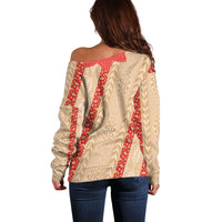 Malo e Lelei Tonga Off Shoulder Sweater Heilala Lei Tongan Ngatu Pattern LT14 - Polynesian Pride