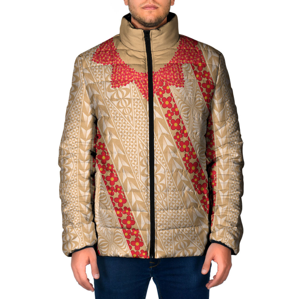 Malo e Lelei Tonga Padded Jacket Heilala Lei Tongan Ngatu Pattern LT14 Men Beige - Polynesian Pride