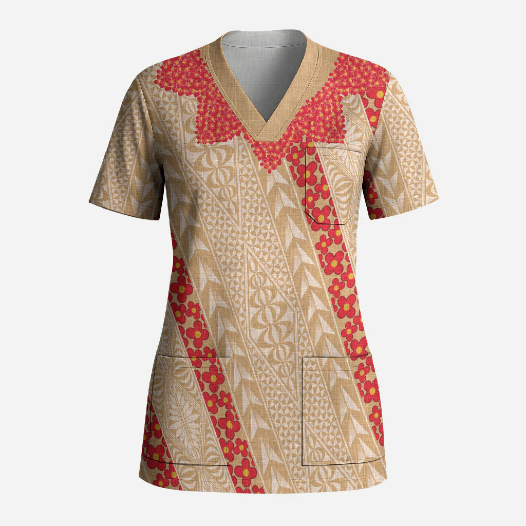 Malo e Lelei Tonga Scrub Top Heilala Lei Tongan Ngatu Pattern LT14 Adult Beige - Polynesian Pride
