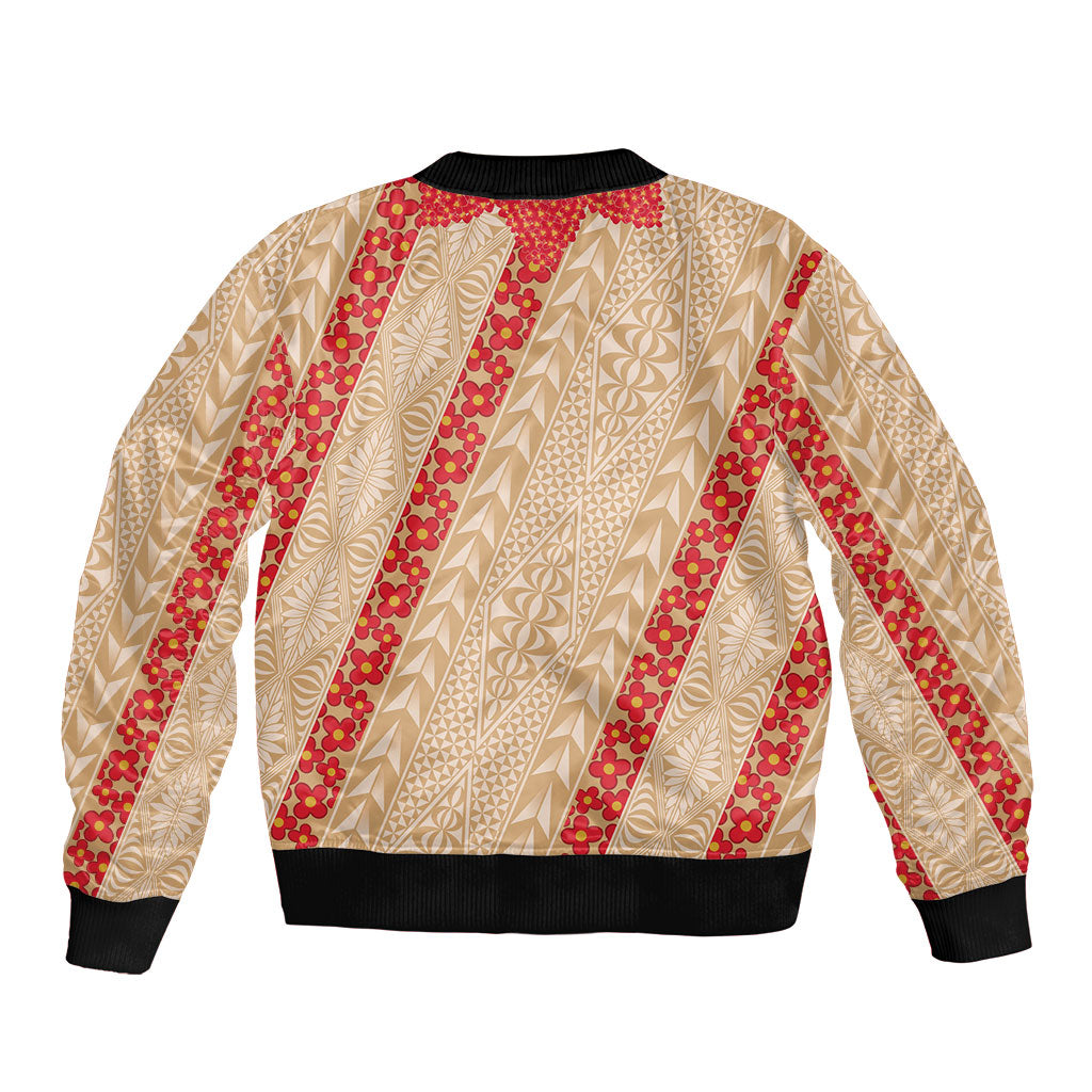 Malo e Lelei Tonga Sleeve Zip Bomber Jacket Heilala Lei Tongan Ngatu Pattern LT14 - Polynesian Pride