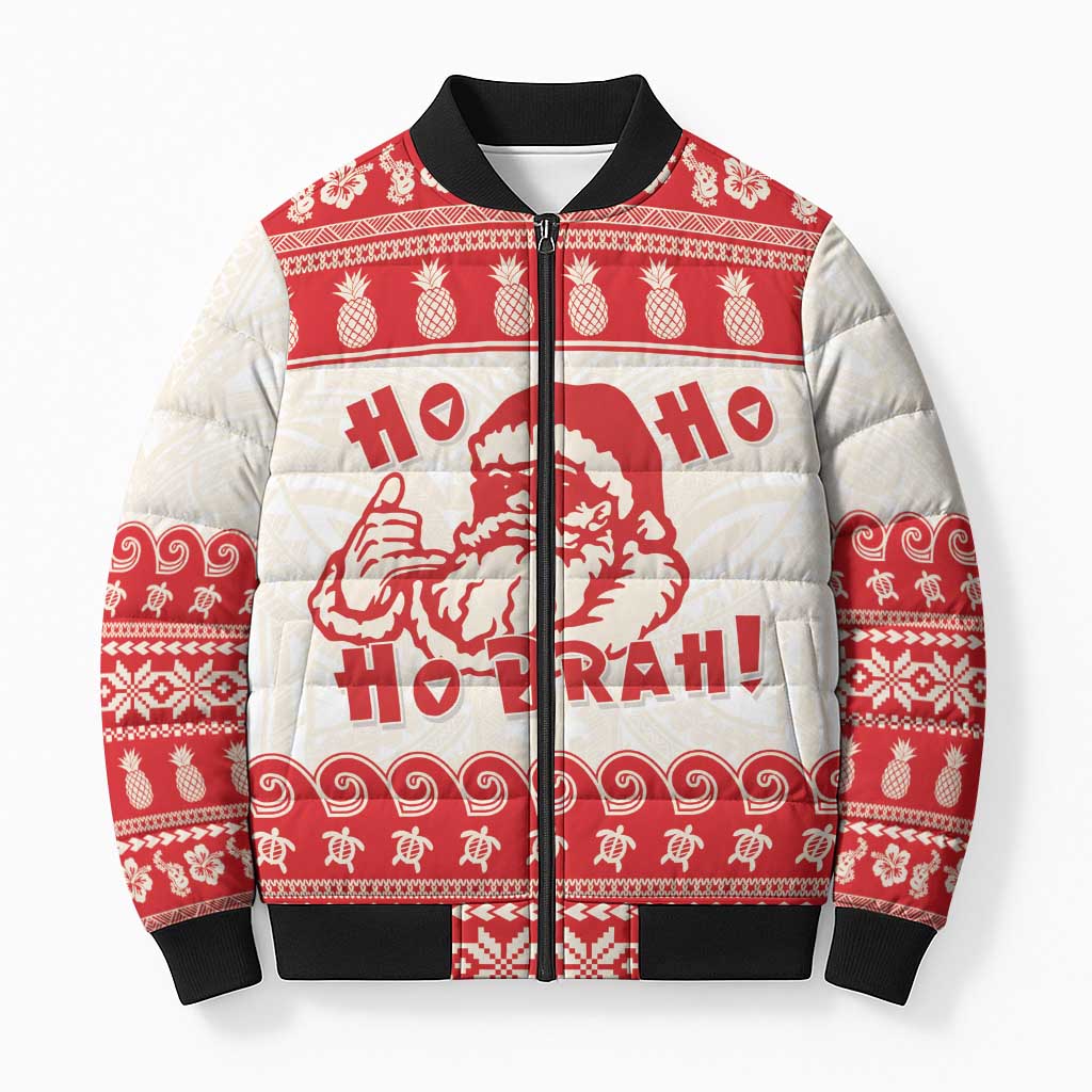 Red Mele Kalikimaka Hawaii Bomber Puffer Jacket Funny Ho Ho Ho Santa Shaka LT14 Unisex Red - Polynesian Pride