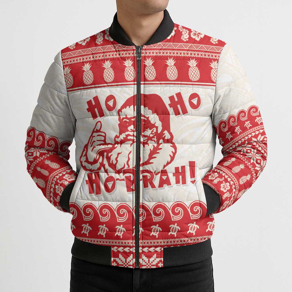 Red Mele Kalikimaka Hawaii Bomber Puffer Jacket Funny Ho Ho Ho Santa Shaka LT14 - Polynesian Pride