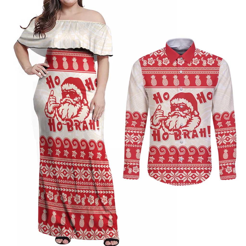 Red Mele Kalikimaka Hawaii Couples Matching Off Shoulder Maxi Dress and Long Sleeve Button Shirt Funny Ho Ho Ho Santa Shaka - Polynesian Pride