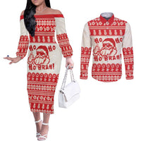 Red Mele Kalikimaka Hawaii Couples Matching Off The Shoulder Long Sleeve Dress and Long Sleeve Button Shirt Funny Ho Ho Ho Santa Shaka - Polynesian Pride