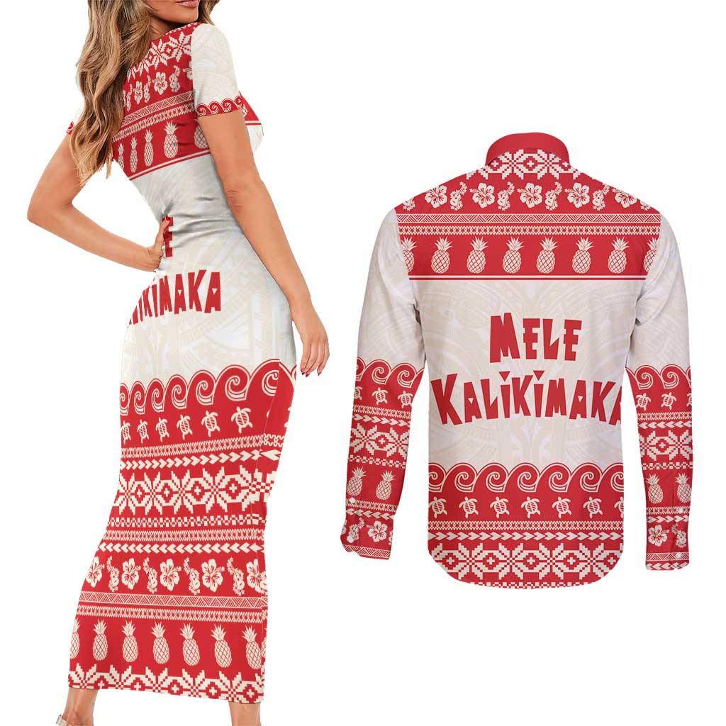Red Mele Kalikimaka Hawaii Couples Matching Short Sleeve Bodycon Dress and Long Sleeve Button Shirt Funny Ho Ho Ho Santa Shaka - Polynesian Pride