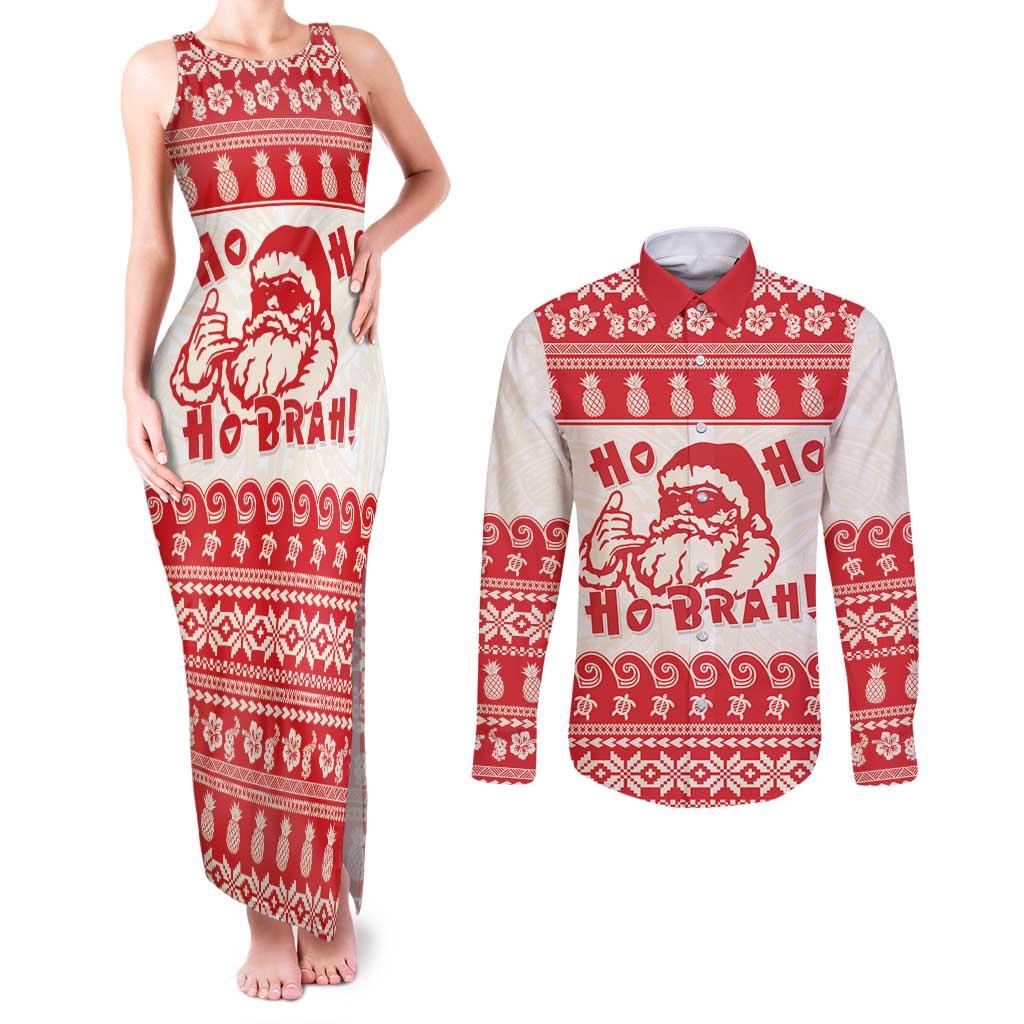 Red Mele Kalikimaka Hawaii Couples Matching Tank Maxi Dress and Long Sleeve Button Shirt Funny Ho Ho Ho Santa Shaka - Polynesian Pride